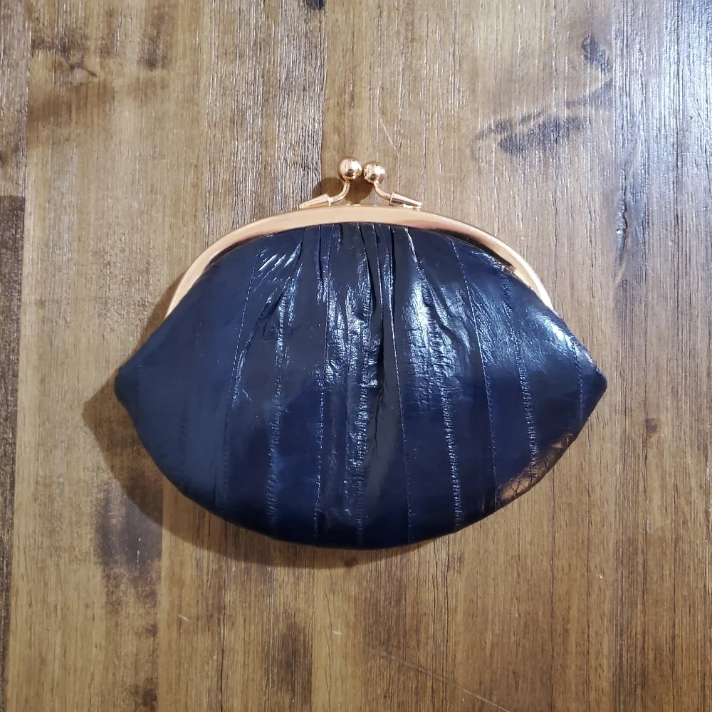 New Women's Eel Skin Double Kisslock Ball Clasp Coin Purse Wallet - Navy Blue
